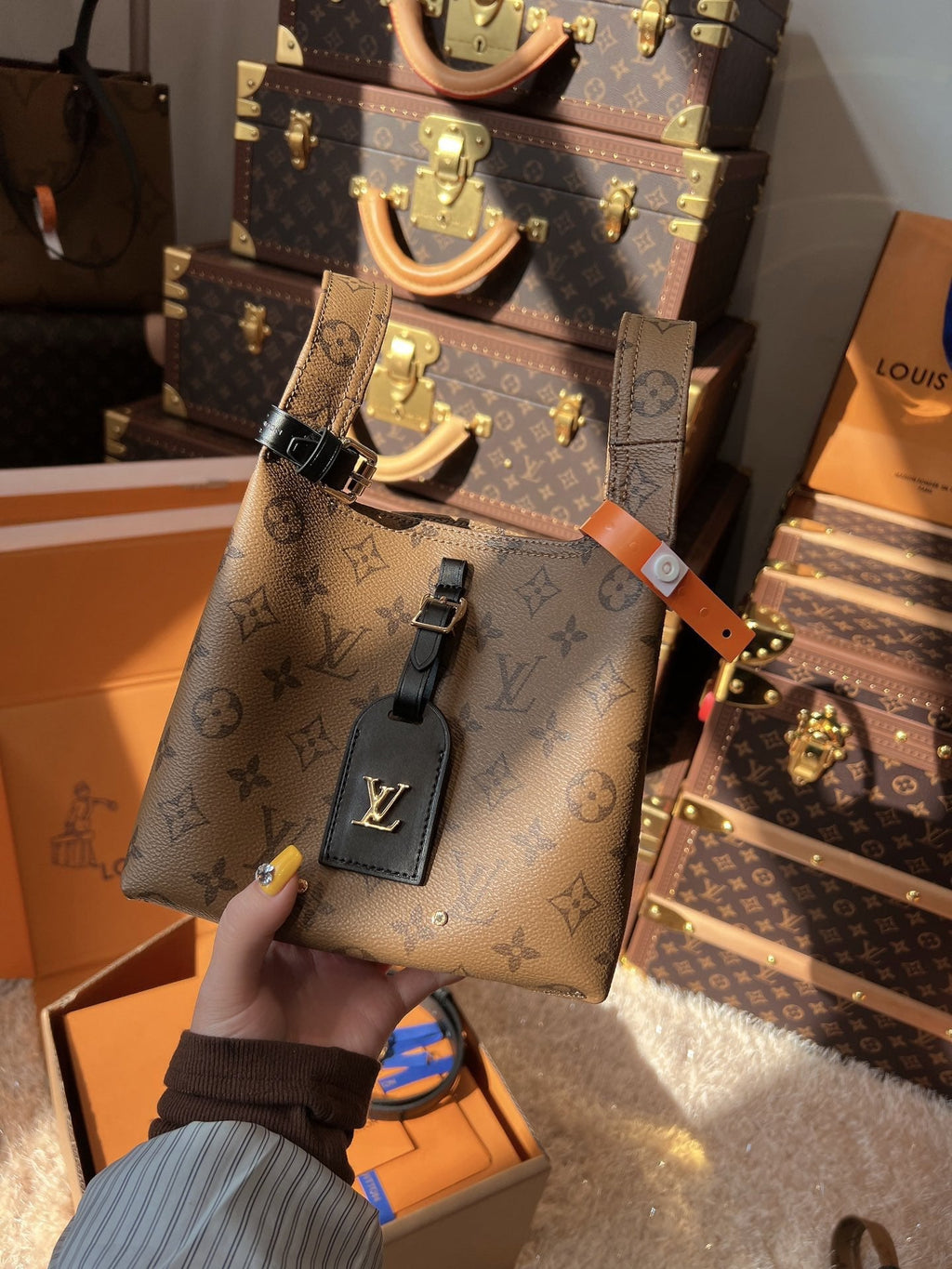 LV Sac Plat MM Monogram Reverse Tote with Black Leather Trim (17 x 17 x 7) cm